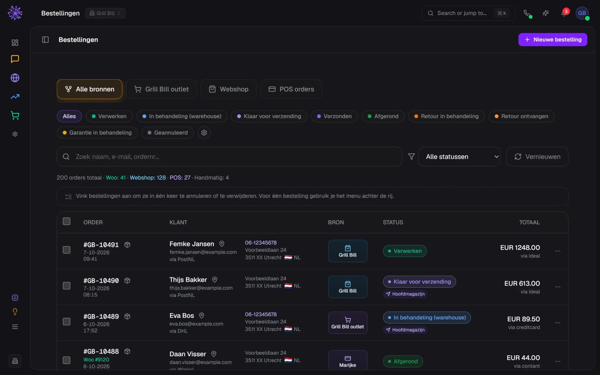 Orderlijst met bestellingen van webshop, WooCommerce en kassa in het Neuramerce-dashboard