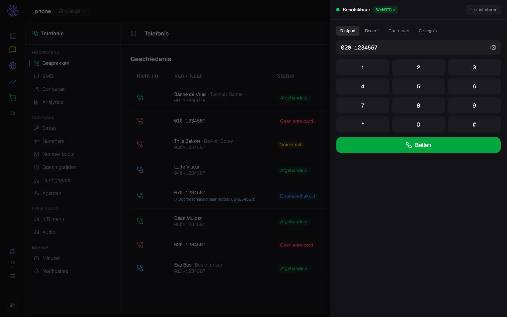 Het kiesblad van de telefoon in de topbar van het Neuramerce-dashboard, met een ingetikt nummer, tabs en de knop Bellen