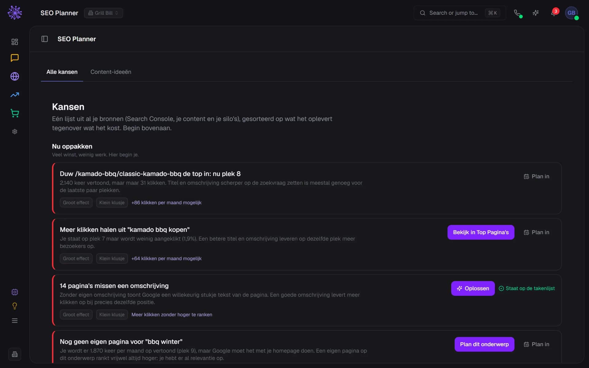 SEO Planner, scherm Kansen: een actielijst met pagina’s op plek 7 en 8, ontbrekende omschrijvingen en een nieuw onderwerp, elk met effect en inspanning.